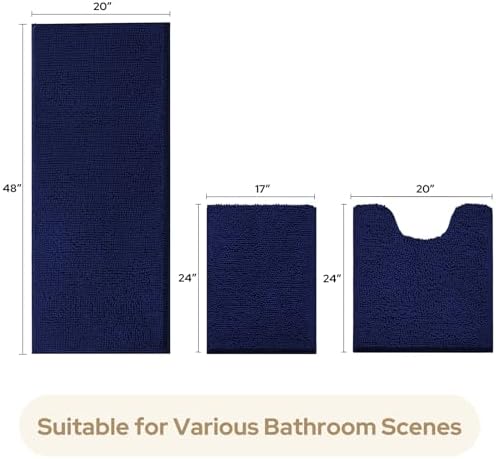 HOMEIDEAS Navy Blue Long Chenille Bathroom Rugs Set of 3, Non Slip Bath Mat