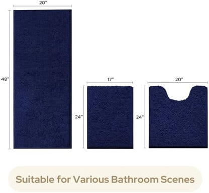 HOMEIDEAS Navy Blue Long Chenille Bathroom Rugs Set of 3, Non Slip Bath Mat