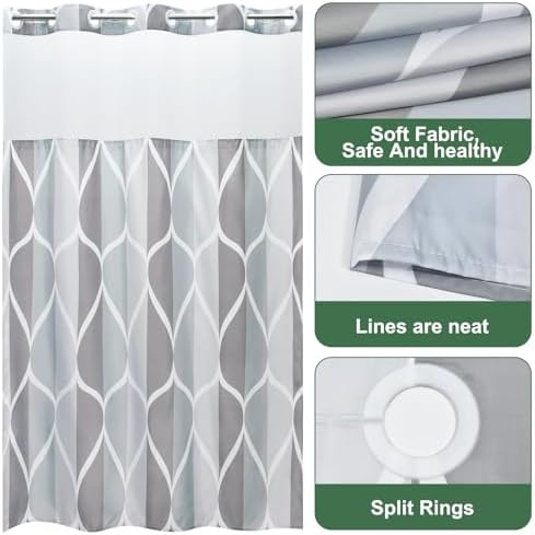 Yiatn Gray No Hook Shower Curtain with Snap-in Liner, 54 x 80 Inch