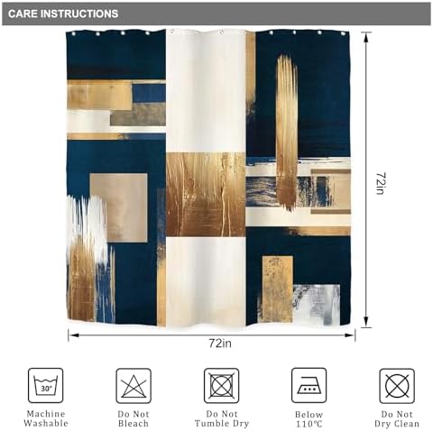 Riyidecor Navy Blue Gold Abstract Shower Curtain for Bathroom Decor 72Wx72H Boho Beige Oil Painting Modern Neutral Aesthetic Artistic Art Printed Fabric Polyester Waterproof 12 Pack Plastic Hooks