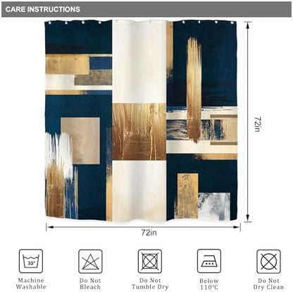 Riyidecor Navy Blue Gold Abstract Shower Curtain for Bathroom Decor 72Wx72H Boho Beige Oil Painting Modern Neutral Aesthetic Artistic Art Printed Fabric Polyester Waterproof 12 Pack Plastic Hooks