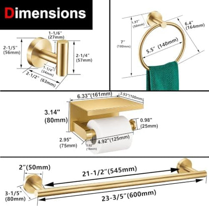 5 Pieces Brushed Gold Bathroom Hardware Accessories Set, SUS304 Stainless Steel 24 Inch Bath Towel Bar Set, Round Bathroom Towel Holder Set, Towel Racks for Bathroom Wall Mounted