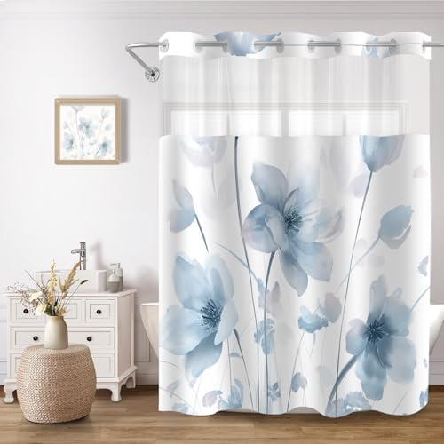 No Hook Shower Curtain and Liner Set, Blue Boho Floral 71x84