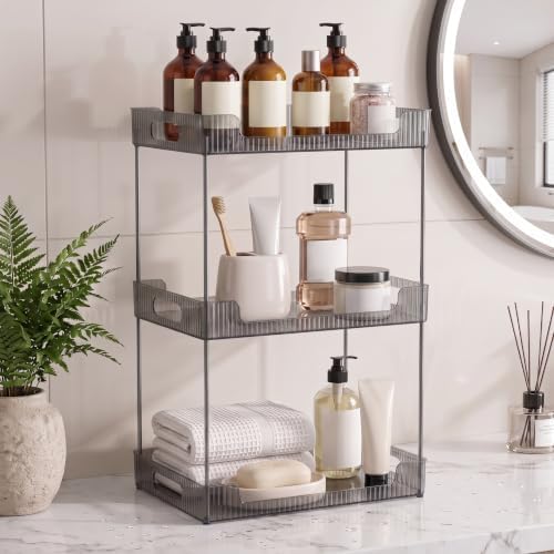Goderewild 3-Tier Bathroom Counter Organizer, Multi-Purpose Cosmetics Skincare Shelf, Makeup Organizer for Vanity Tray, Countertop Storage Solution for Kitchen and Bath. (Smoky Gray)