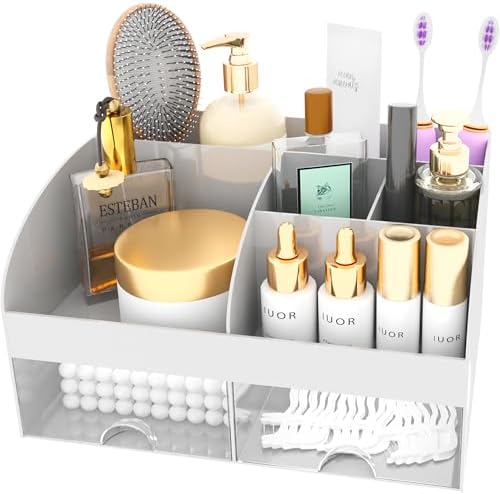 Makeup Organizer with Drawers, Cosmetic Storage for Dresser Vanity and Bathroom Countertop, Beauty Holder for Lipstick Brush, Skincare Organizer for Vanity, Cosmetic Display Case (Grey)