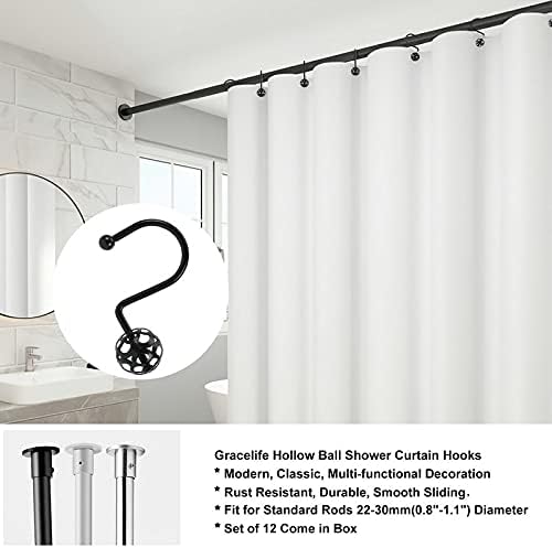 Gracelife 12Pcs Hollow Ball Shower Curtain Hooks Luxury Quality Rustproof Stainless Steel Shower Curtain Rings Hooks for Bathroom Rod (Black), one size