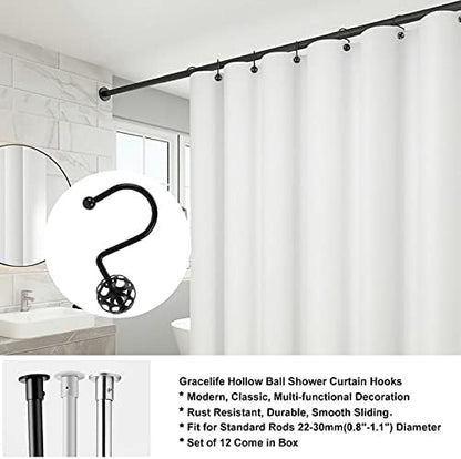Gracelife 12Pcs Hollow Ball Shower Curtain Hooks Luxury Quality Rustproof Stainless Steel Shower Curtain Rings Hooks for Bathroom Rod (Black), one size