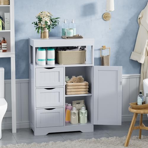 JUMMICO Bathroom Floor Cabinet, Wooden Free-Standing Storage Organizer with 1 Door and 3 Drawers, Bathroom Storage Cabinet for Living Room/Kitchen/Hallway/Home Office (Grey, 3 Drawers)