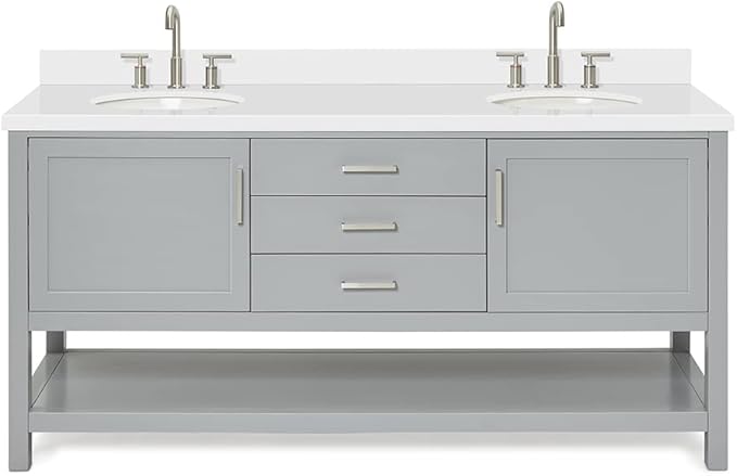 ARIEL Bayhill 72-inch Bathroom Vanity with Sink,Solid Wood, 1.5-inch Pure White Quartz Countertop & Backsplash, Double Oval Porcelain Sink, 2 Soft Closing Doors, 3 Dovetail Drawers, Grey