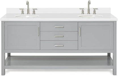 ARIEL Bayhill 72-inch Bathroom Vanity with Sink,Solid Wood, 1.5-inch Pure White Quartz Countertop & Backsplash, Double Oval Porcelain Sink, 2 Soft Closing Doors, 3 Dovetail Drawers, Grey