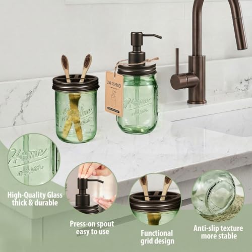 SheeChung Mason Jar Bathroom Accessories Set, 6Pcs Green Glass Bathroom Set