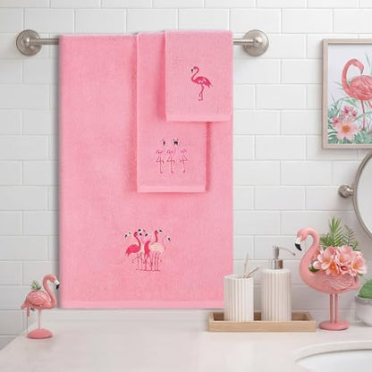 3 Pcs Flamingo Bathroom Towel Set Farmhouse Embroidered Flamingo Towels Vintage Decorative 100% Cotton Bath Towel Highly Absorbent Elegant Summer Decor Set for Bathroom
