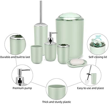 IMAVO Bathroom Accessories Set,Green Bathroom Set,7 Pieces Bathroom Accessory Set,Tray,Toilet Brush,Trash Can for Bathroom Décor and Housewarming Gifts