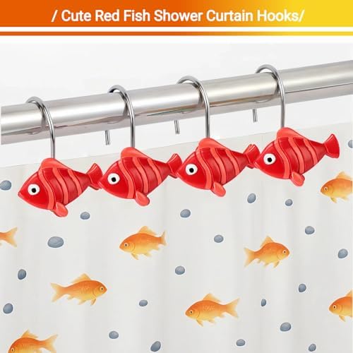 12Pcs Red Fish Shower Curtain Hooks Decorative for Curtain Rods, Cute Animals Shower Curtain Rings, Silver Stainless Steel Metal Shower Curtain Hanger Hooks, Kids Ocean Bathroom Decor Accessories