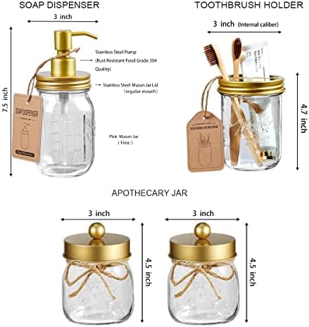 SheeChung Mason Jar Bathroom Accessories Set, 6Pcs Rustic Bathroom Set,Gold