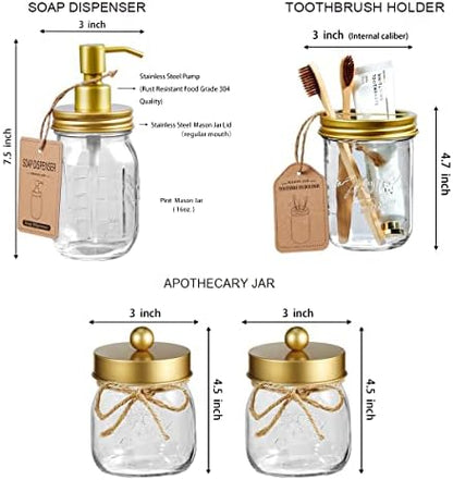 SheeChung Mason Jar Bathroom Accessories Set, 6Pcs Rustic Bathroom Set,Gold