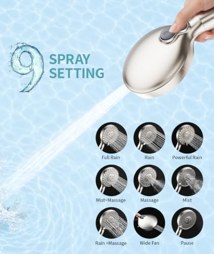 SR SUN RISE Filtered Shower Head with Handheld High Pressure 9 Spray Mode Showerhead Detachable Shower Head Water Softener Filters Beads for Hard Water Remove Chlorine 1 Filter 1.8GPM Brushed Nickel