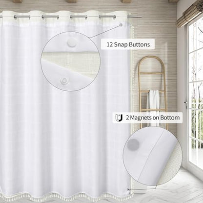 MitoVilla No Hooks Needed Boho Farmhouse Shower Curtain with Snap-in Liner, Cotton Linen Fabric Shower Curtains with Tassels for Rustic Neutral Bathroom Decor, Ivory, 72 x 74