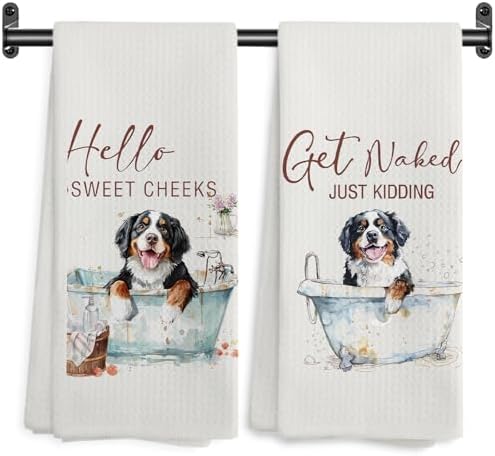 Funny Bernese Mountain Dog Hand Towels, Hello Sweet Cheeks Bathroom Decor, Bernese Mountain Dog Gifts Decorative Hand Towels for Bathroom Washroom Restroom, 16x24 Inch Set of 2