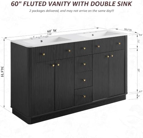 T4TREAM 60" Fluted Bathroom Vanity with Double Sink, Black Oak
