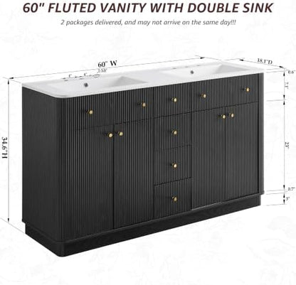 T4TREAM 60" Fluted Bathroom Vanity with Double Sink, Black Oak