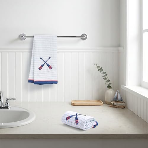 Ritz 2-Piece Cotton Velour Bathroom Hand Towel Set, Embroidered Criss Cross Oars, Light Blue Pinstripe Decorative Towels for Lake House, Cabin, Coastal Decor, 16” x 26”