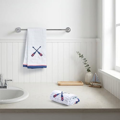 Ritz 2-Piece Cotton Velour Bathroom Hand Towel Set, Embroidered Criss Cross Oars, Light Blue Pinstripe Decorative Towels for Lake House, Cabin, Coastal Decor, 16” x 26”
