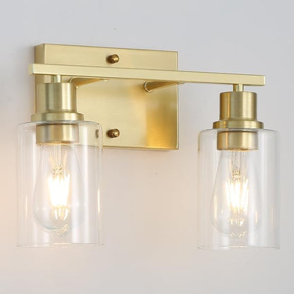 EMONG Gold Bathroom Light Fixtures, 2-Lights Brushed Brass Vanity Light with Clear Glass Shade, Modern Wall Sconces for Hallway, Farmhouse, Living Room