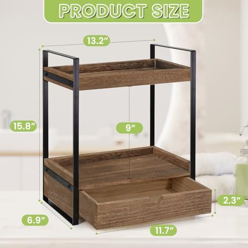 Ukonvi 2-Tier Bathroom Organizer Countertop with Drawer, Wood Counter Shelf for Storage, Vanity Tray for Organization and Decor, Countertop Organizer for Bathroom, Kitchen, Office (Dark Brown)