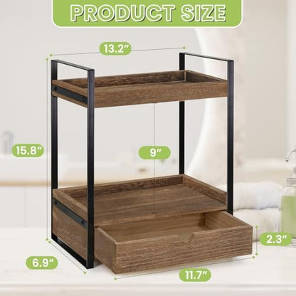 Ukonvi 2-Tier Bathroom Organizer Countertop with Drawer, Wood Counter Shelf for Storage, Vanity Tray for Organization and Decor, Countertop Organizer for Bathroom, Kitchen, Office (Dark Brown)