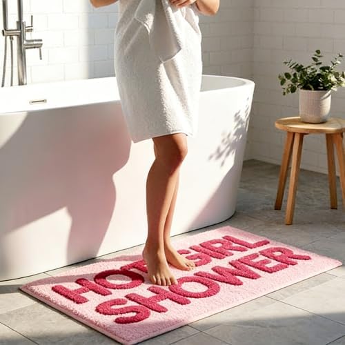 Hot Girl Shower Pink Bath Mat, Cute Tufted Bathroom Rug 24''x16''