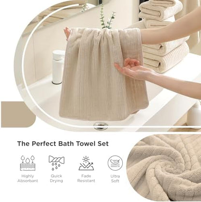 18 Piece Family Bath Towel Set Include 6 Bath Towels,6 Hand Towels and 6 Washcloths Soft Bathroom Towel with Hanging Loops,Highly Absorbent Quick Dry Towels Set for Bathroom,Hotel and Spa-Beige
