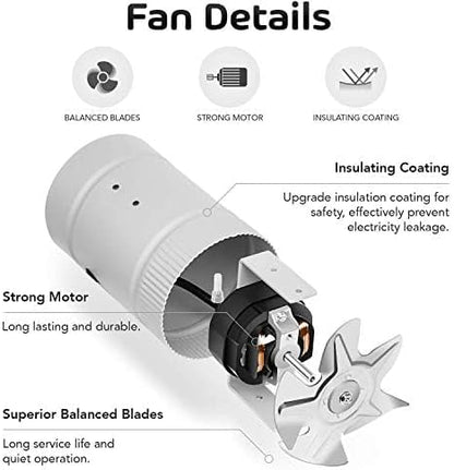 iPower Inline Booster Duct Fan 4'' Low Noise and Flexible Aluminum Ducting 8 Feet for HVAC Exhaust Ventilation, Attic, Basement, Bathroom and Kitchen