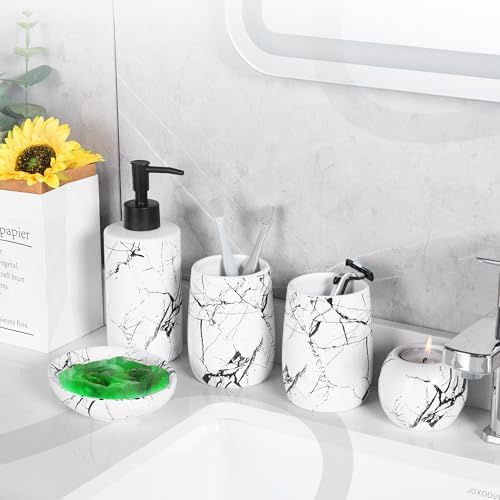 Ceramic Bathroom Accessory Set, 5-Piece Bathroom Accessory Set, Soap Dish, Toothbrush Holder, Soap Dispenser, Bathroom Tumbler & Candle Holder - Modern Bathroom Organizer, (White & Black)