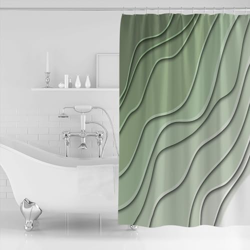 Shower Curtain Bathroom Set Gradient Sage Green Ocean Wave Line Waterproof Shower Curtains with Grommets Hooks Simple Striped Privacy Bath Curtain for Bathtub Decor 72x78in