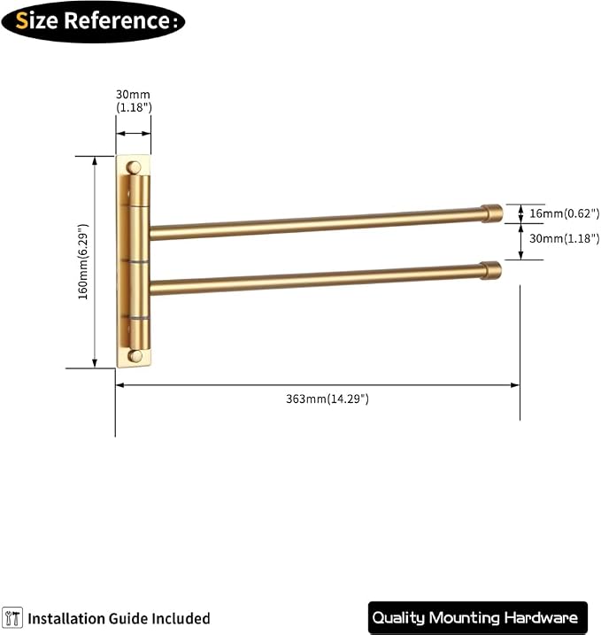 GERZWY Bathroom Swing Arm Towel Bars 2-Arm Wall Mount Stainless Steel Bath Towel Rack Hanger Towel Holder Organizer Gold Finished HYG02-BE
