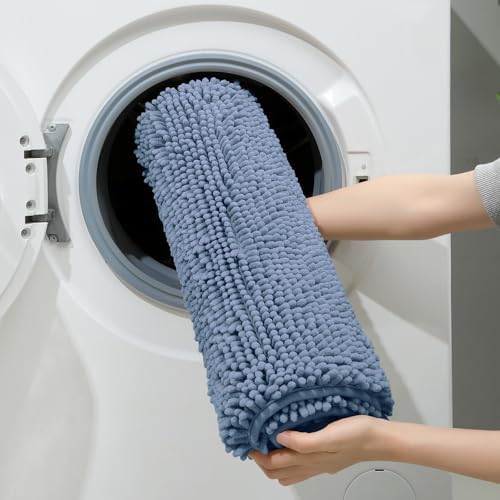 HOMEIDEAS Grey Blue Chenille Bathroom Rugs Set of 3, Non Slip Bath Mat