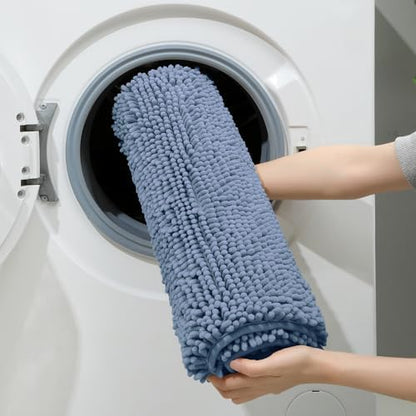 HOMEIDEAS Grey Blue Chenille Bathroom Rugs Set of 3, Non Slip Bath Mat