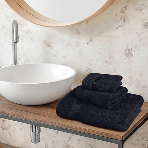 Belizzi Home Ultra Soft 3 Pack Cotton Towel Set, Contains a Bath Towel 28x55 inch, a Hand Towel 16x24 inch & a Wash Coth 12x12 inch, Ideal Everyday use, Compact & Lightweight - Black