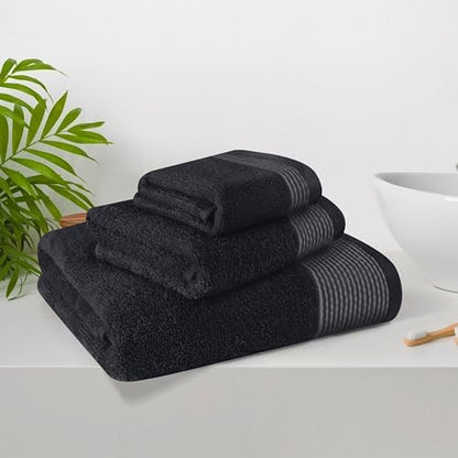 Belizzi Home Ultra Soft 3 Pack Cotton Towel Set, Contains a Bath Towel 28x55 inch, a Hand Towel 16x24 inch & a Wash Coth 12x12 inch, Ideal Everyday use, Compact & Lightweight -Black