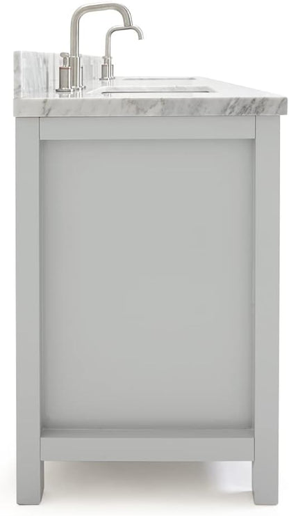 ARIEL Bristol 73" Grey Double Vanity, 1.5" Edge Italian Carrara Marble Countertop & Splash, Rectangular Sinks, 2 Soft Closing Doors, 4 Full Extension Dovetail Drawers, Polished Chrome