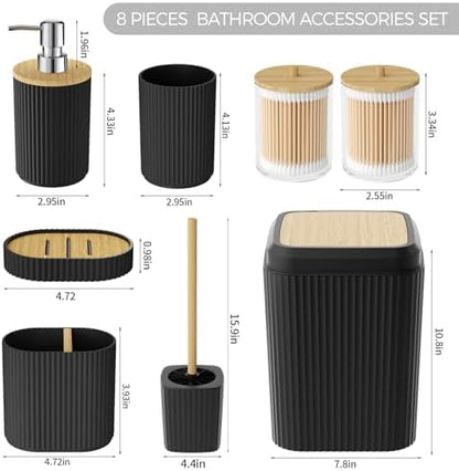Black Bathroom Accessories Set, 8 Pieces Bathroom Decor Set, Trash Can, Toilet Brush with Holder, Soap Dispenser, Toothbrush and Toothpaste Holder, Tumbler Cup, Soap Dish, Qtip Holders