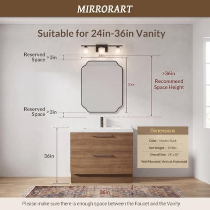MIRRORART Contemporary 24x30’’ Black Scalloped Bathroom Mirrors for Wall