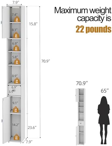 Bathroom Storage Cabinet, Tall Narrow Storage Cabinet with USB Light, White
