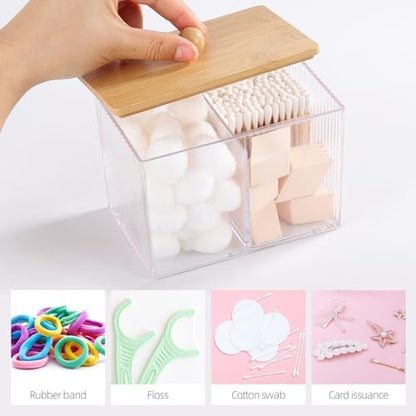 Qtip Holder with Bamboo Lids, 3 Compartments Cotton Ball/Swabs Dispenser, Apothecary Jar Clear Plastic Bathroom Container for Storage and Organizer