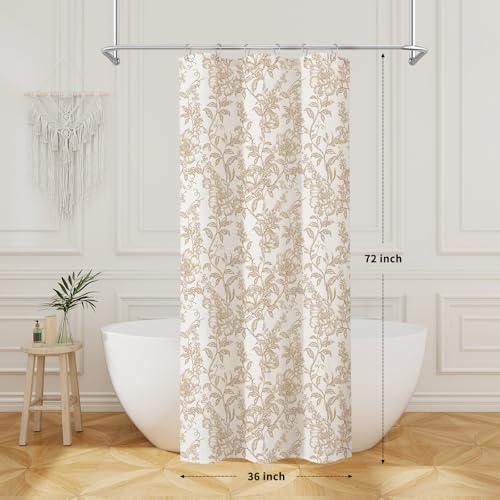 Brown Boho Linen Fabric Shower Curtain , Farmhouse Floral For Bathroom