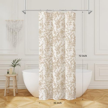 Brown Boho Linen Fabric Shower Curtain , Farmhouse Floral For Bathroom