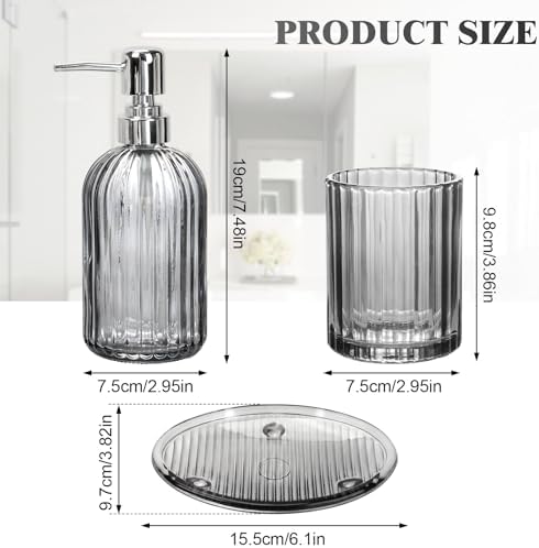 Bathroom Accessories Set, 4Pcs Black Grey Glass Bathroom Accessories Sets Complete Lotion Soap Dispenser, Toothbrush Holder, Mouthwash Cup, Soap Dish for Bathroom Decor, Countertop Organizer
