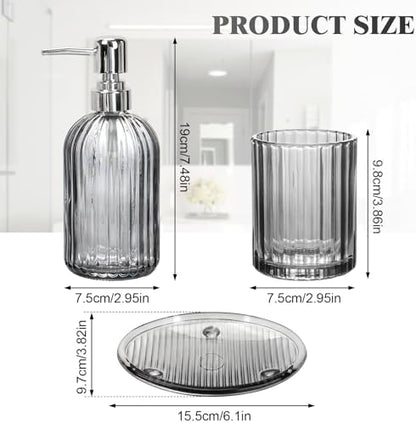 Bathroom Accessories Set, 4Pcs Black Grey Glass Bathroom Accessories Sets Complete Lotion Soap Dispenser, Toothbrush Holder, Mouthwash Cup, Soap Dish for Bathroom Decor, Countertop Organizer