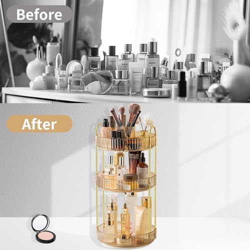 Asayuee 360 Rotating Makeup Organizer,3 Tier Large Capacity Make Up Organizers and Storage,Skincare Perfume Vanity Organizers,Bathroom Cosmetics Storage Organizer Countertop(Gold)